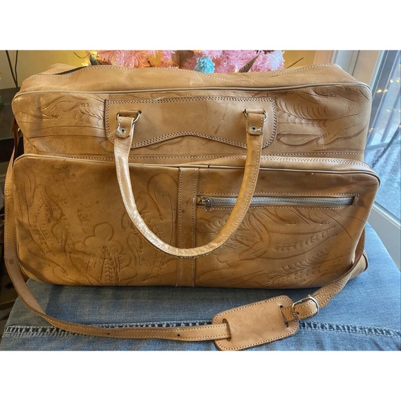 Leather Weekender Bag Vtg Brown Hand Tooled Western Duffel Carry-On‎ Large Tote - Picture 1 of 10